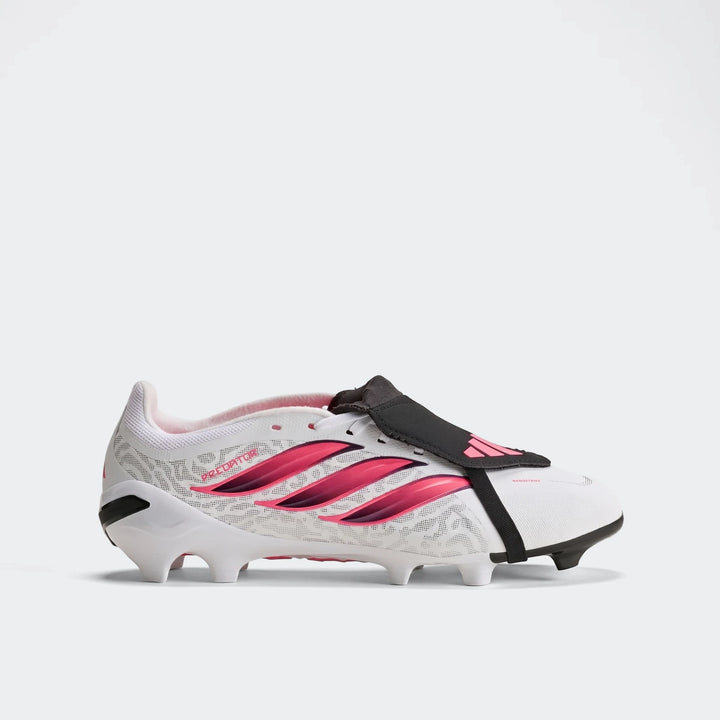 White and pink Predator League Fold-Over Tongue Firm Ground Football Boot shown from the side.