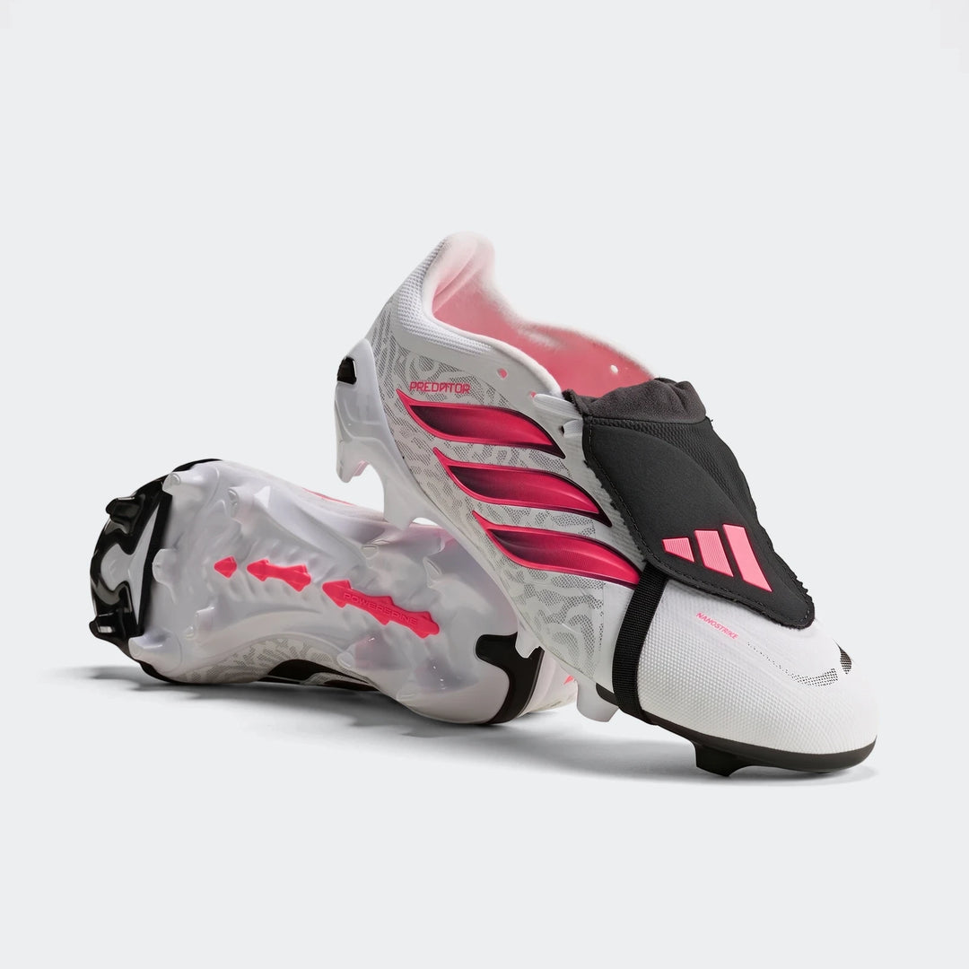Pair of white and pink Adidas Predator League Firm Ground Football Boots with a black fold-over tongue.