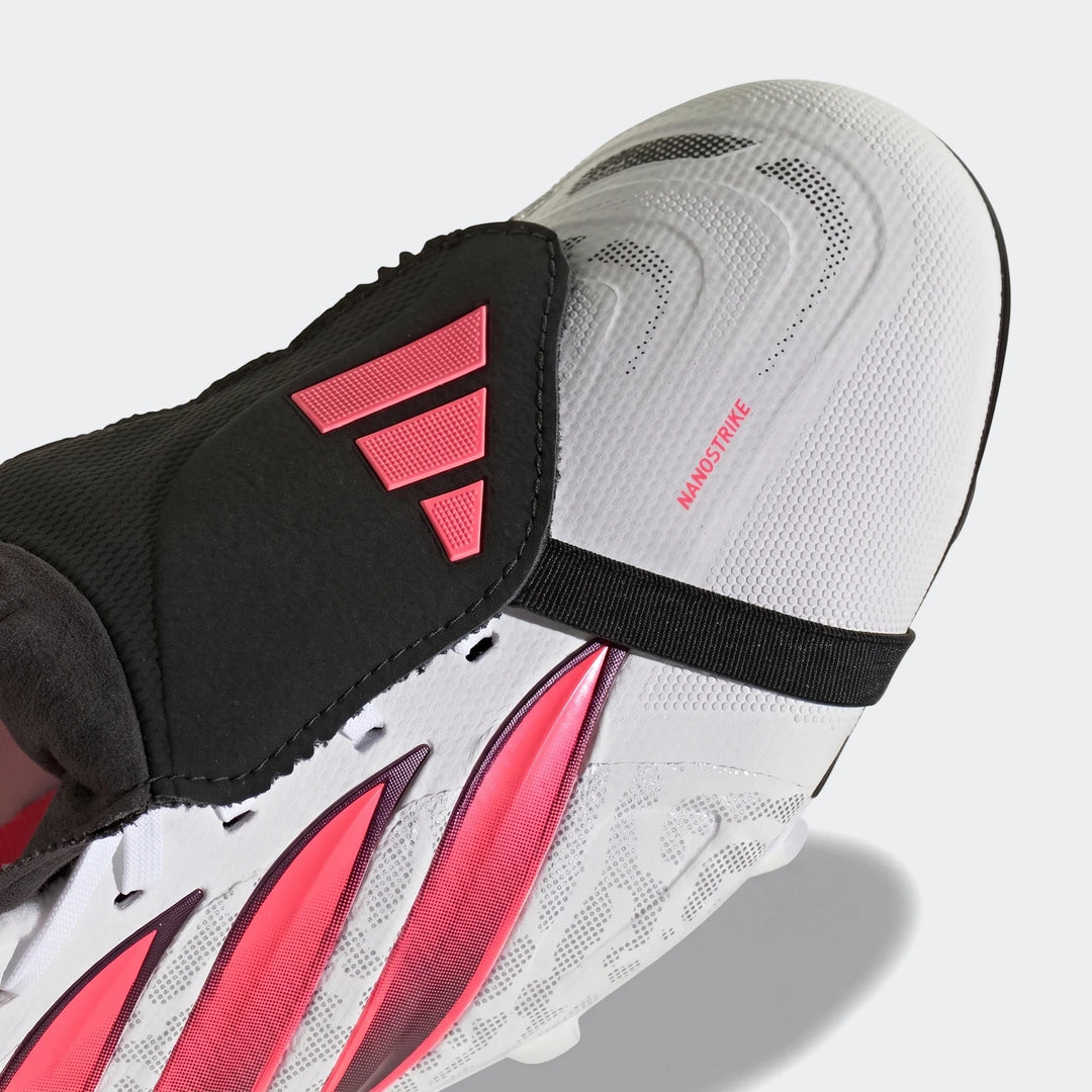Close-up of white and pink Predator League Fold-Over Tongue Firm Ground Football Boots, showing the toe box and midfoot with