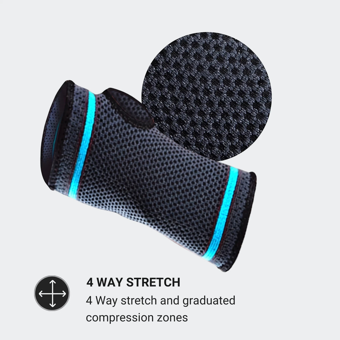 Premium black mesh hand support with bright blue stripes, featuring 4-way stretch fabric for comfortable wrist and hand