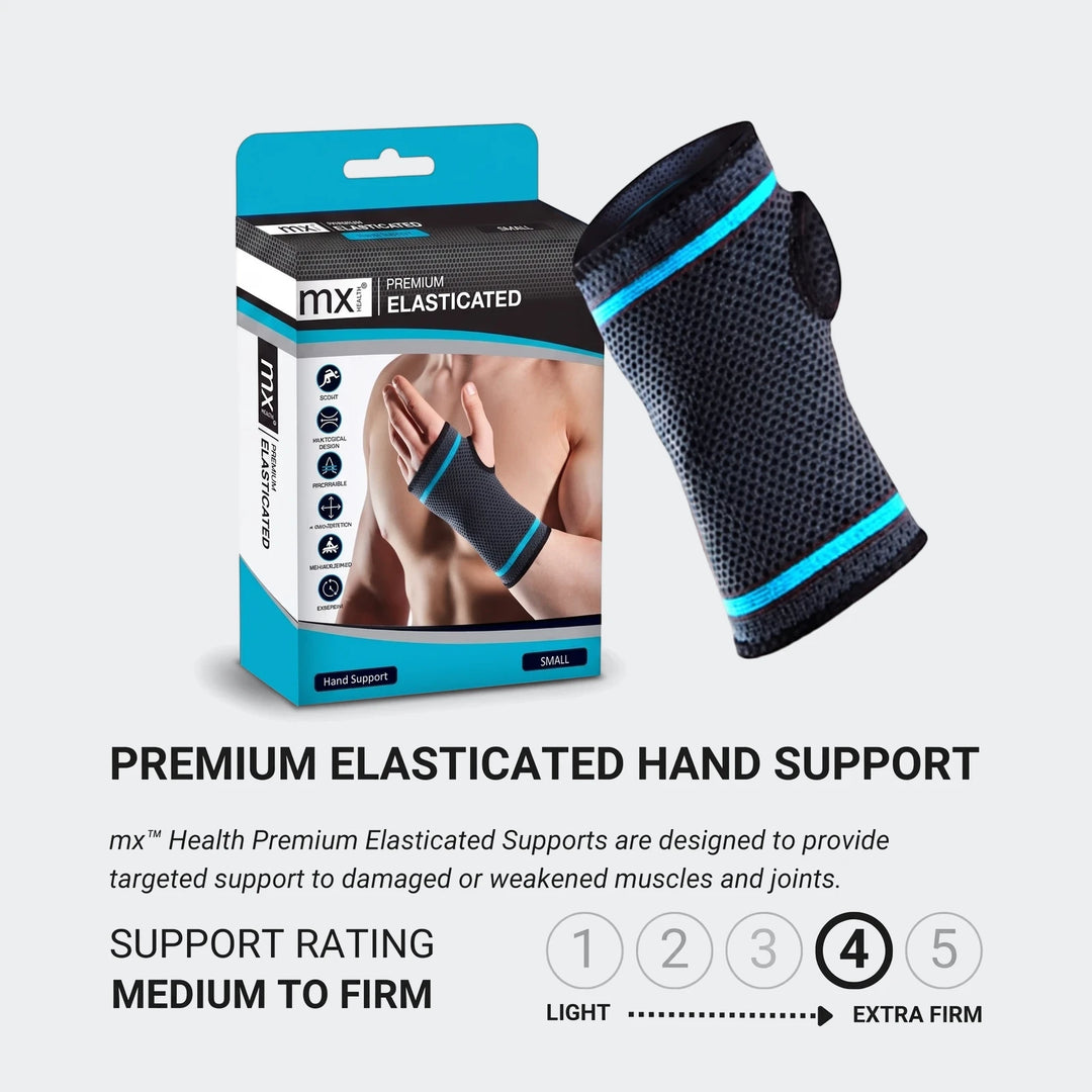 Black elasticated premium hand support with blue accents, shown next to its retail packaging box. Features a perforated
