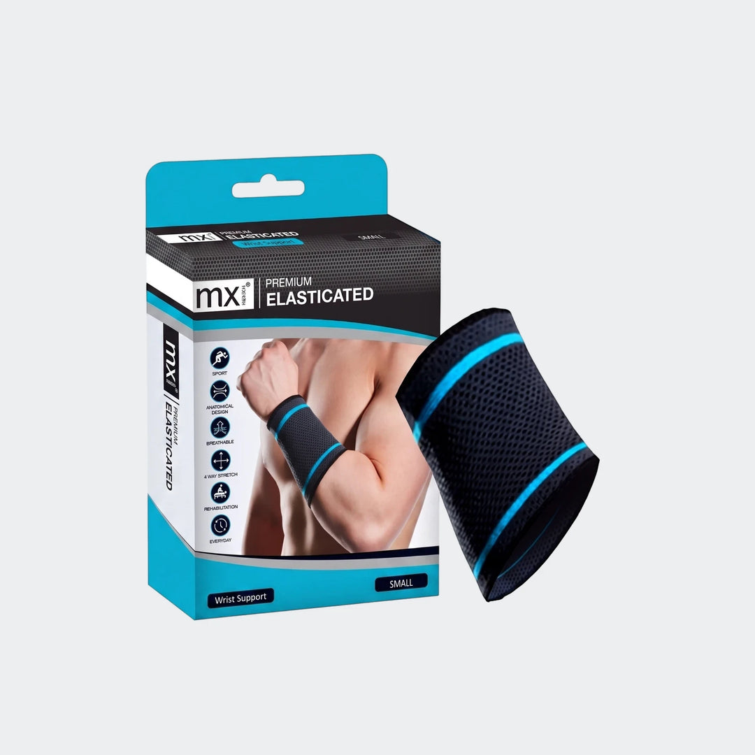 Small black and blue MX Health Premium Elasticated Wrist Support for sport and rehabilitation, shown in its packaging and