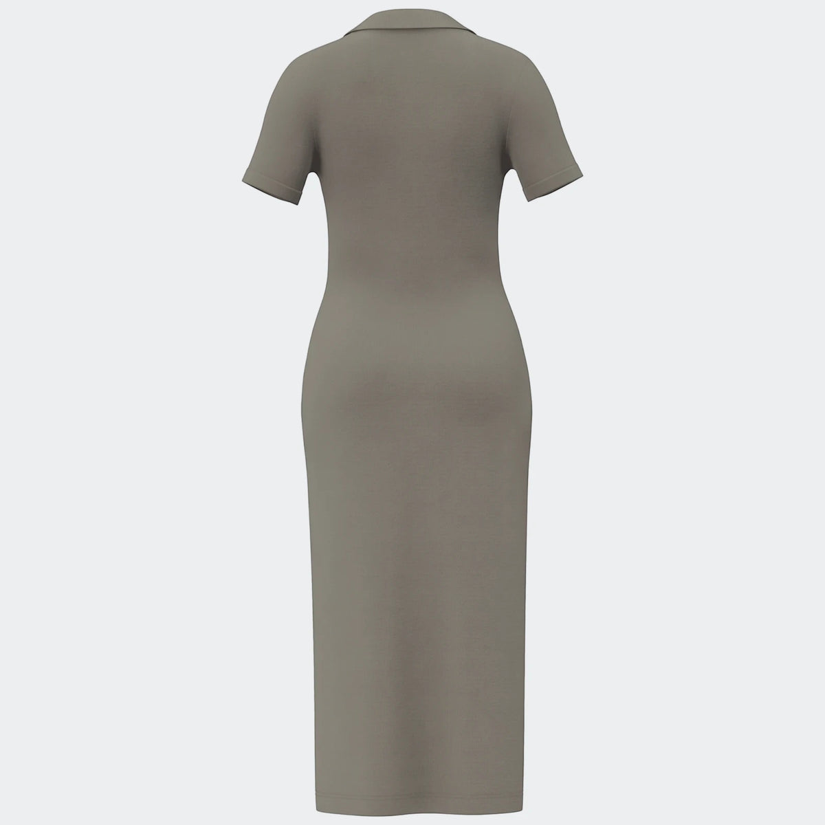 Dark grey Premium Essential Polo Dress, midi length with short sleeves, shown from the back view on a plain background.