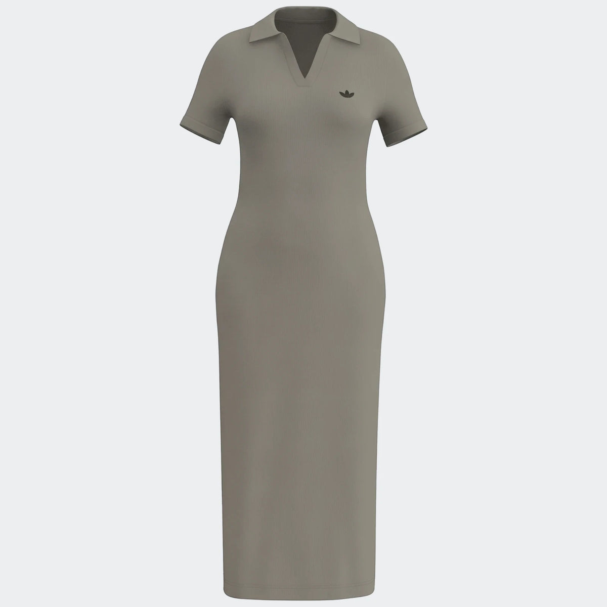 Grey ribbed knit Premium Essential Polo Dress for women, featuring a polo collar, V-neck, and short sleeves.