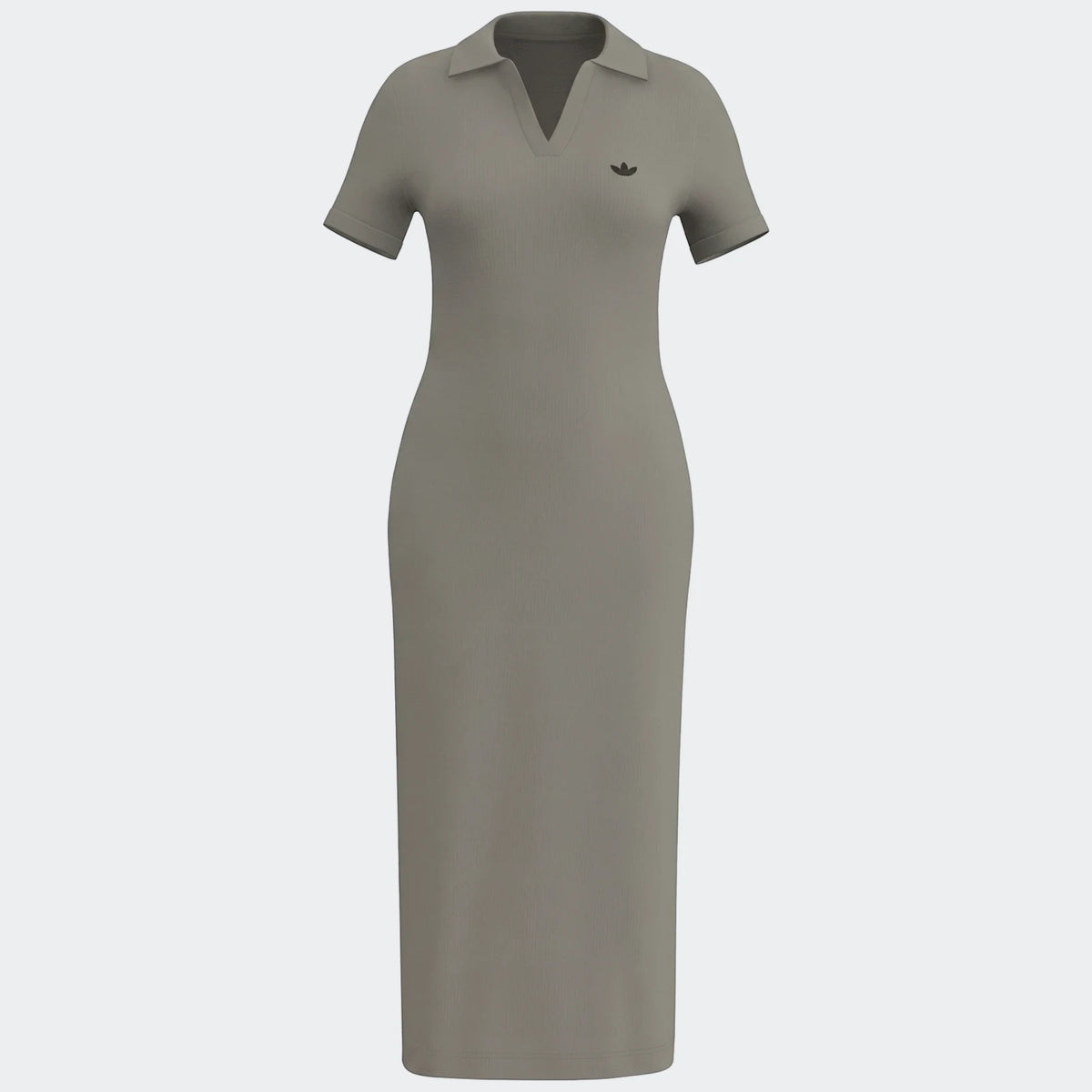 Front view of a gray ribbed Premium Essential Polo Dress for women, featuring a polo collar, v-neck, short sleeves, and a