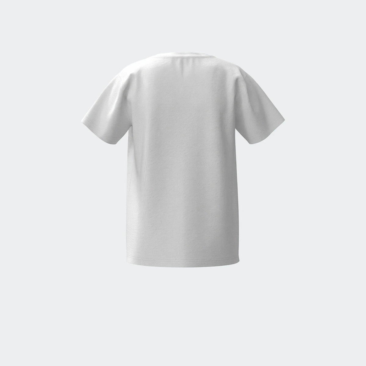 Back view of a plain white premium essential short sleeve crew neck t-shirt in a knit fabric.