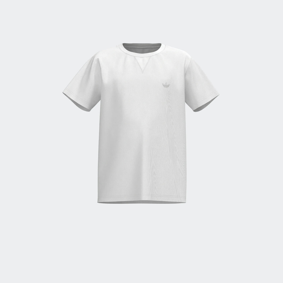 White short-sleeved Adidas Premium Essentials Tee made from a cotton blend, presented from a front view.