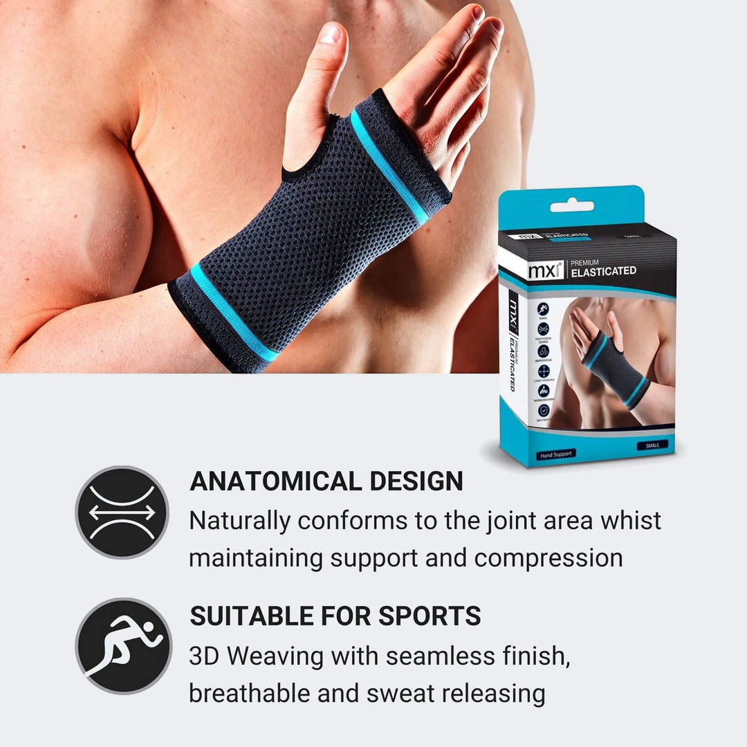 Man wearing a dark grey and blue Premium Hand Support Medium wrist brace, showcasing its anatomical design and suitability
