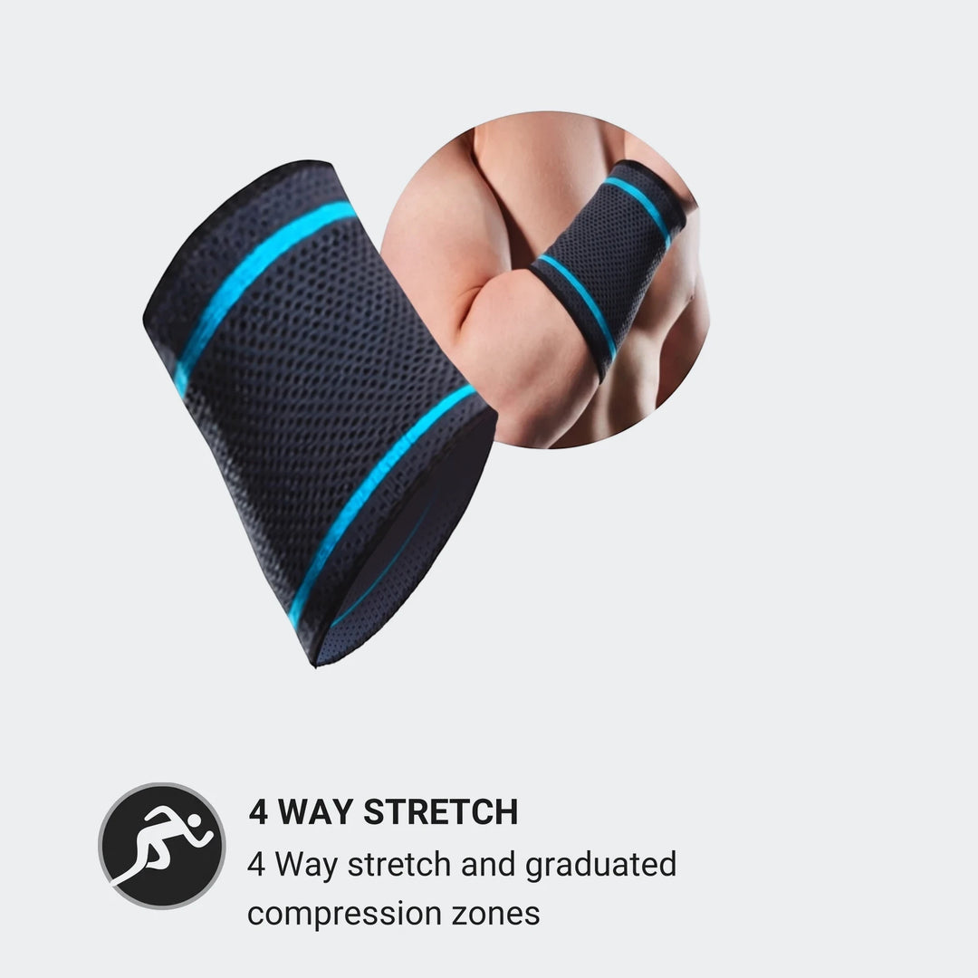 Small black wrist support with blue accents, featuring a breathable mesh design, shown from an angled view.