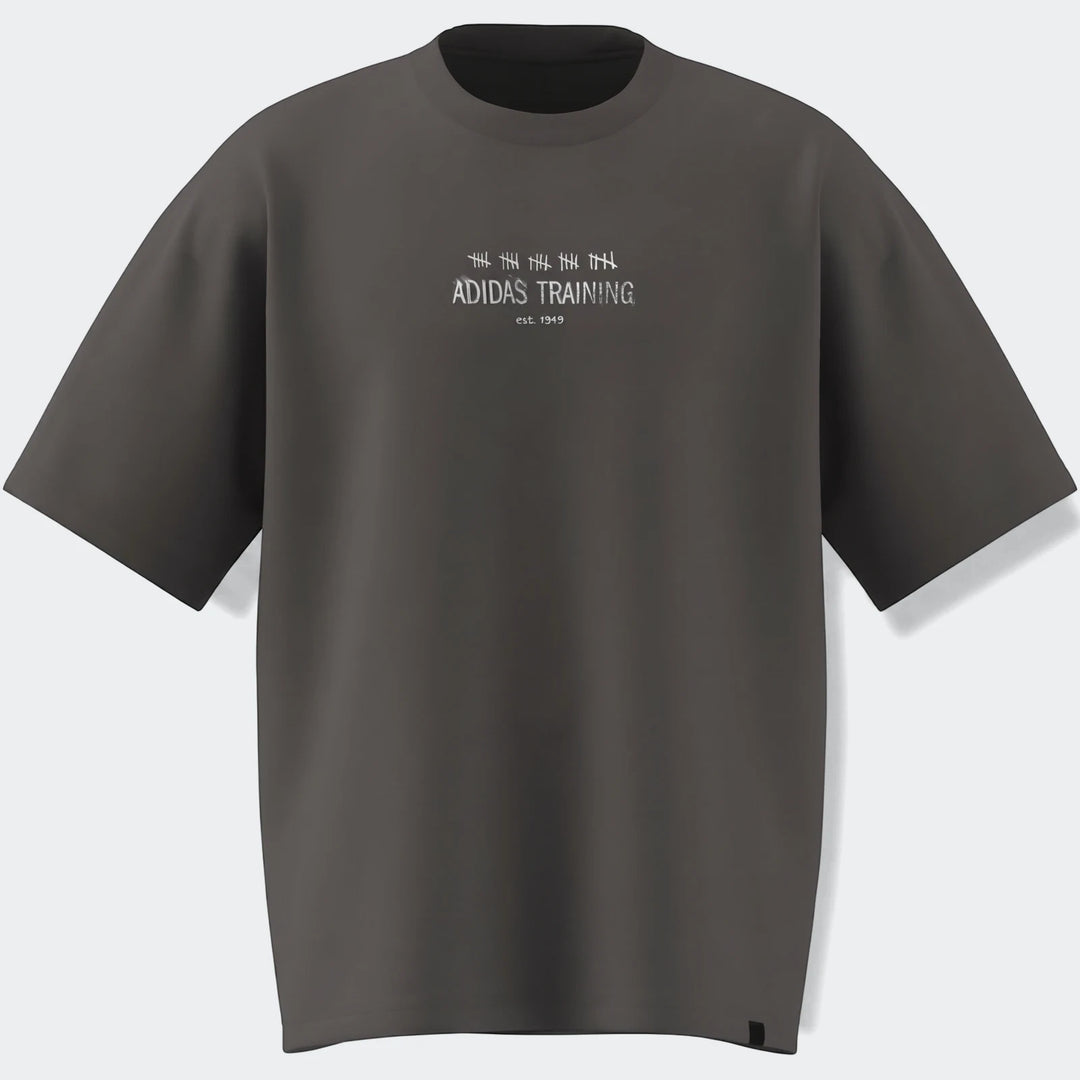 Dark gray Primelift Graphic T-Shirt with white Adidas Training logo and tally marks on the chest, front view.