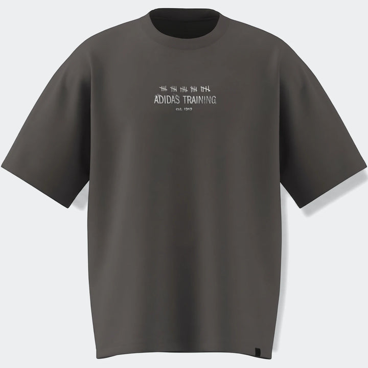 Dark gray Primelift Graphic T-Shirt with white Adidas Training logo and tally marks on the chest, front view.