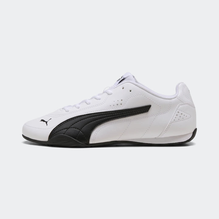 Puma Catch Sd men's sneakers in white with black accents, shown from a side profile. These low-profile athletic shoes