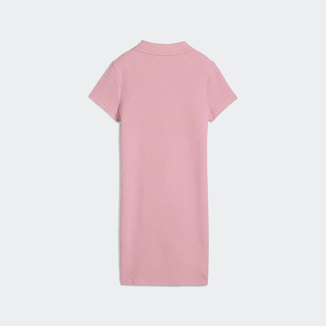Pink Puma Class Pinnacle Dress, short sleeve polo style with waffle knit texture, shown from the back view.