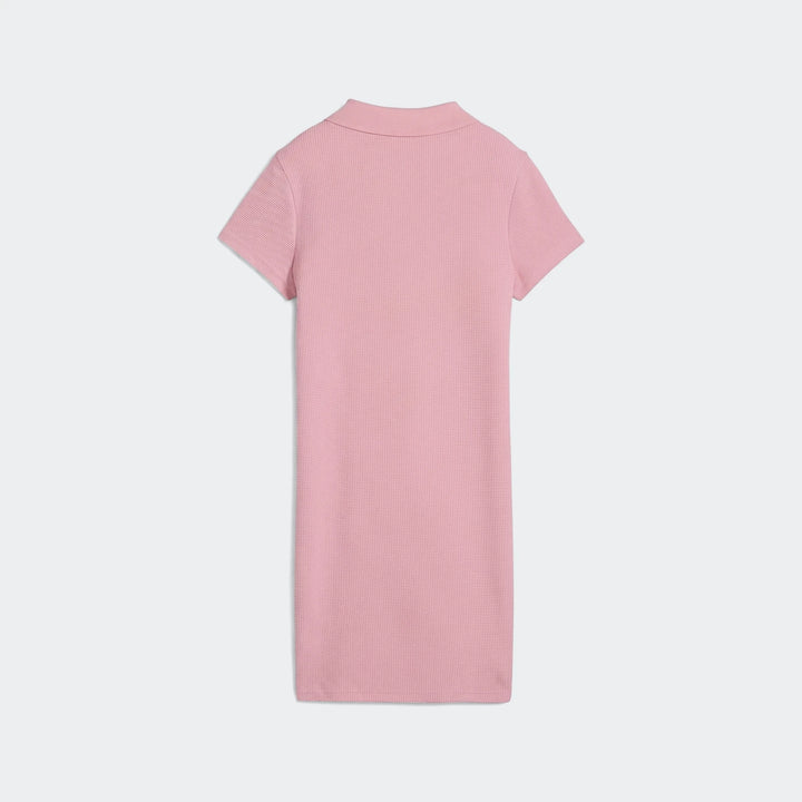 Pink Puma Class Pinnacle Dress, short sleeve polo style with waffle knit texture, shown from the back view.