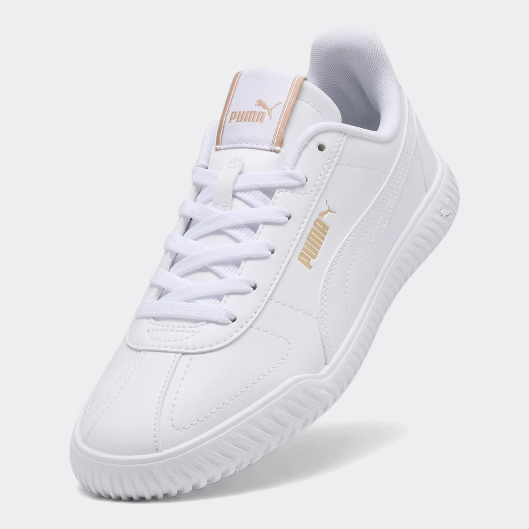 A single white Puma Club Kayzer sneaker, showcasing its classic design and gold branding from a side angle.