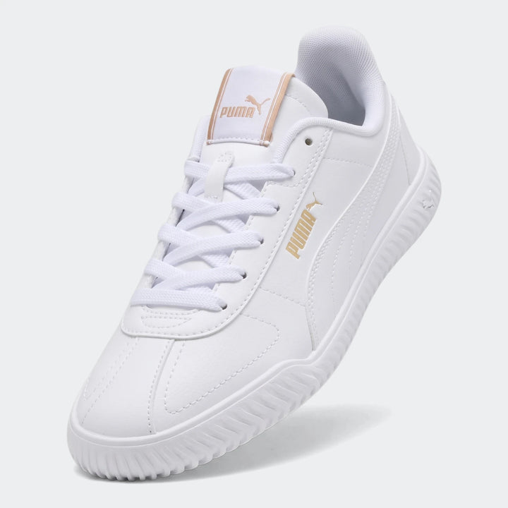 A single white Puma Club Kayzer sneaker, showcasing its classic design and gold branding from a side angle.