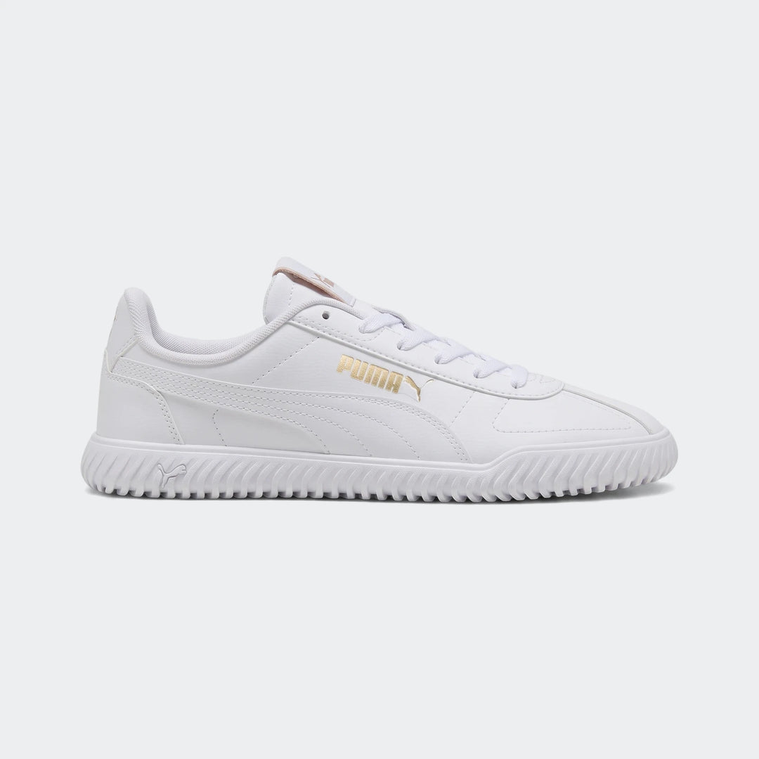 Puma Club Kayzer white sneakers, featuring gold branding on the side and a textured ridged sole, presented in a side profile