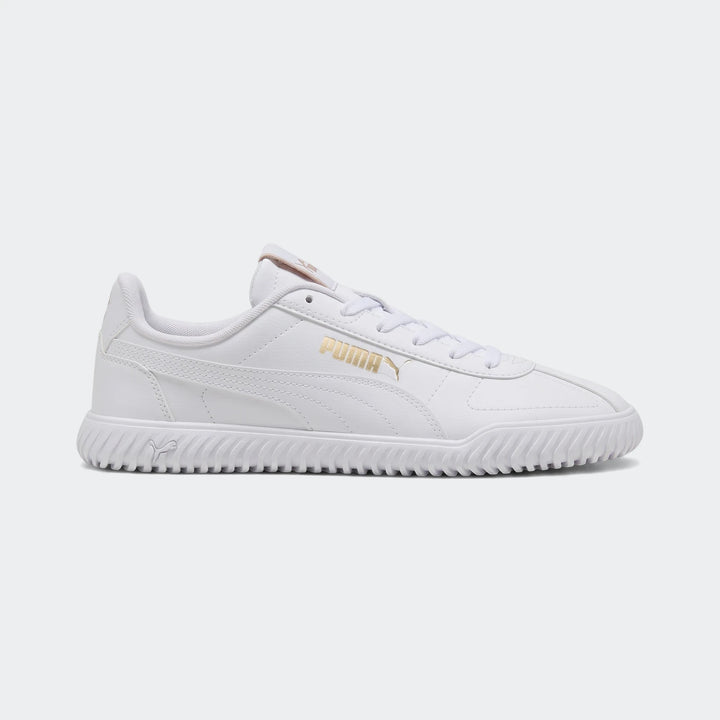Puma Club Kayzer white sneakers, featuring gold branding on the side and a textured ridged sole, presented in a side profile