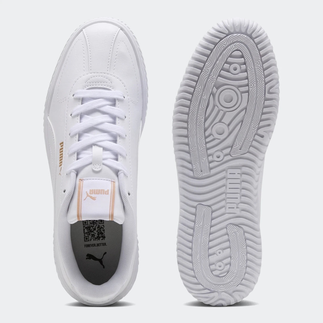 Top-down and sole view of white Puma Club Kayzer sneakers with gold branding, featuring white laces and textured soles.
