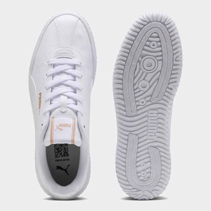 Top-down and sole view of white Puma Club Kayzer sneakers with gold branding, featuring white laces and textured soles.