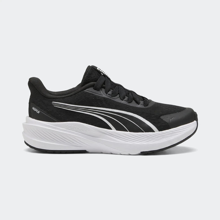 Puma Dasher Lite Sliptech 619Mdl men's running shoe in black and white, featuring a mesh upper and chunky sole, side view.