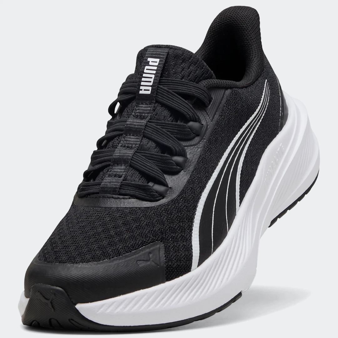 Puma Dasher Lite Sliptech 619Mdl men's running shoe in black with white accents, shown from a front-right angle.