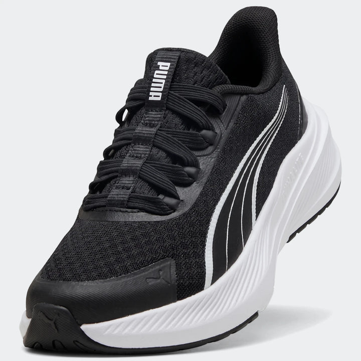 Puma Dasher Lite Sliptech 619Mdl men's running shoe in black with white accents, shown from a front-right angle.