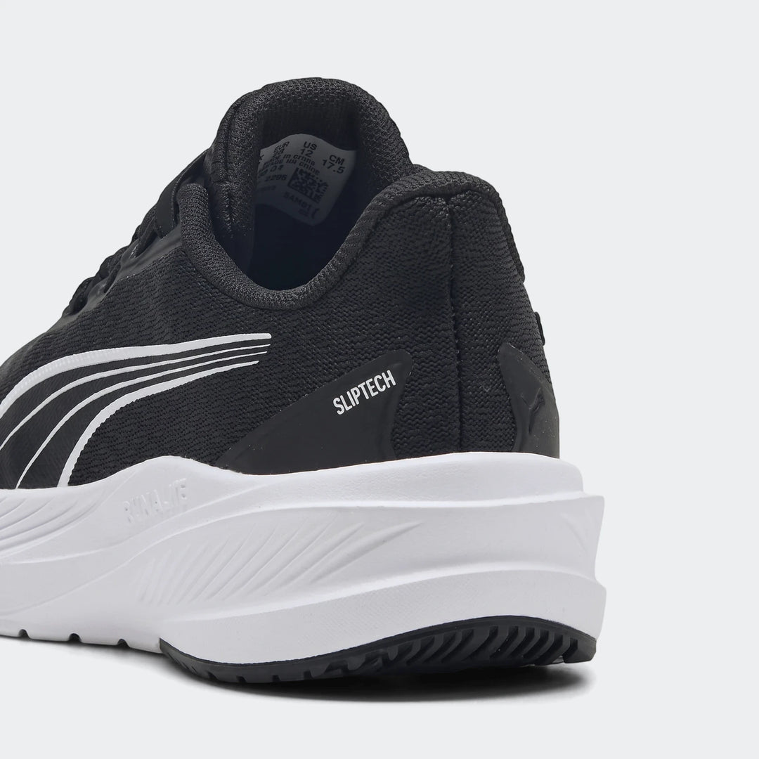 Rear quarter view of a black Puma Dasher Lite Sliptech 619Mdl running shoe with white accents and sole.