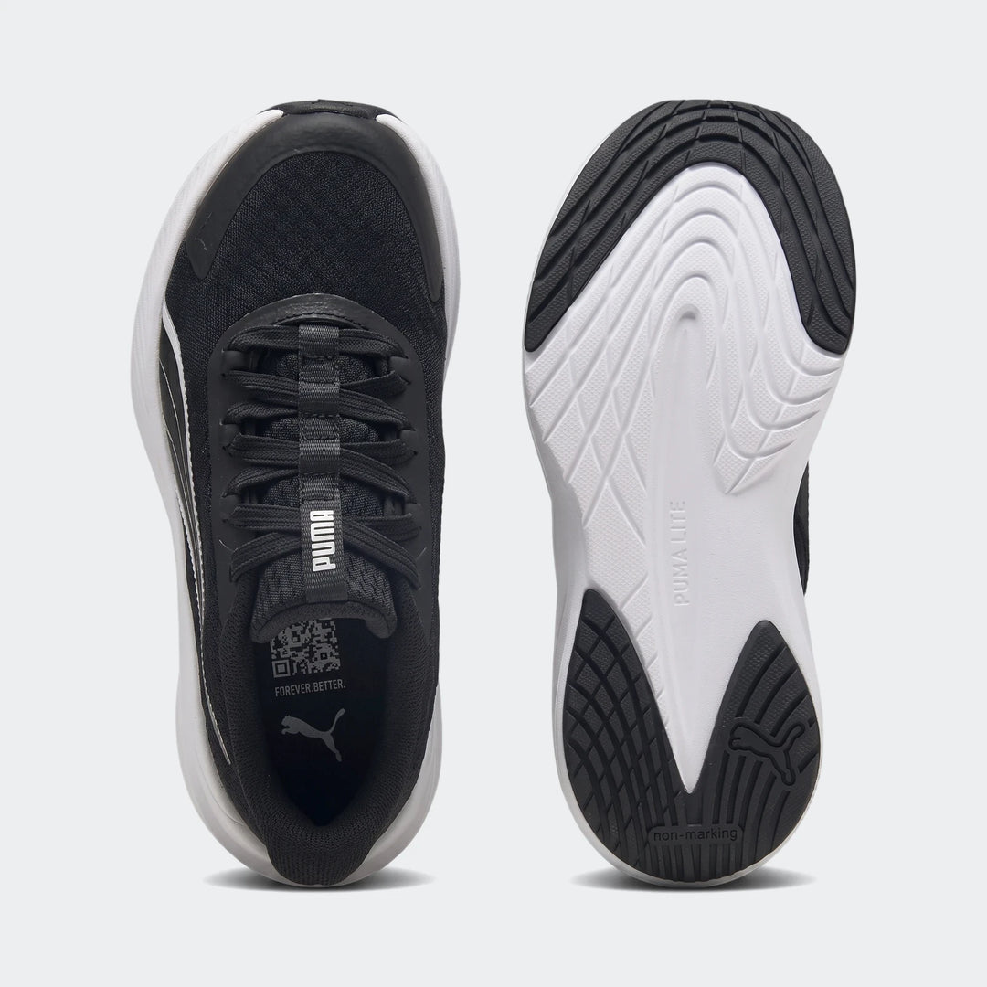 Black and white Puma Dasher Lite Sliptech sneakers, shown from a top-down perspective and the sole view, highlighting design.