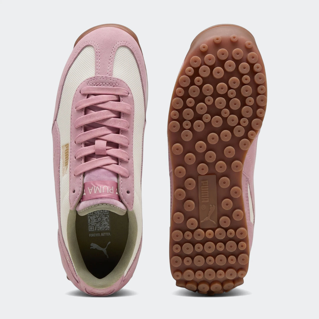 Puma Easy Rider Bowtique Ps Pink Sneakers, featuring light pink suede and white mesh uppers, pink laces, and a studded brown