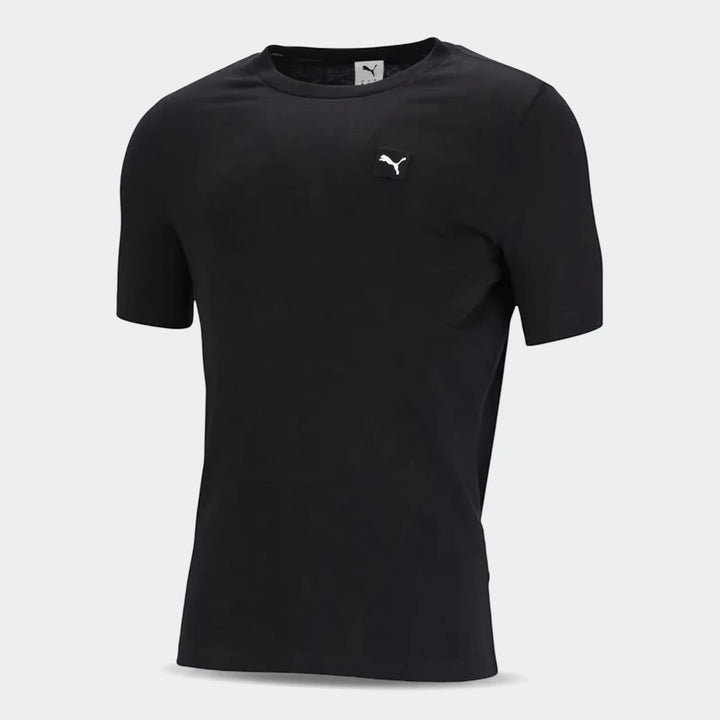 Men's Puma Ess Elevated black cotton crew neck t-shirt with a small white logo on the chest, displayed on a mannequin.