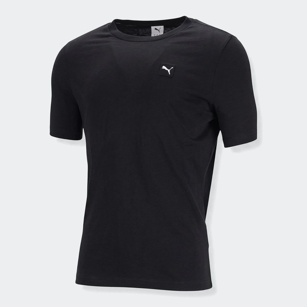 Black Puma Ess Elevated Tee for men, featuring a classic crew neck and short sleeves, with the white Puma logo on the chest,