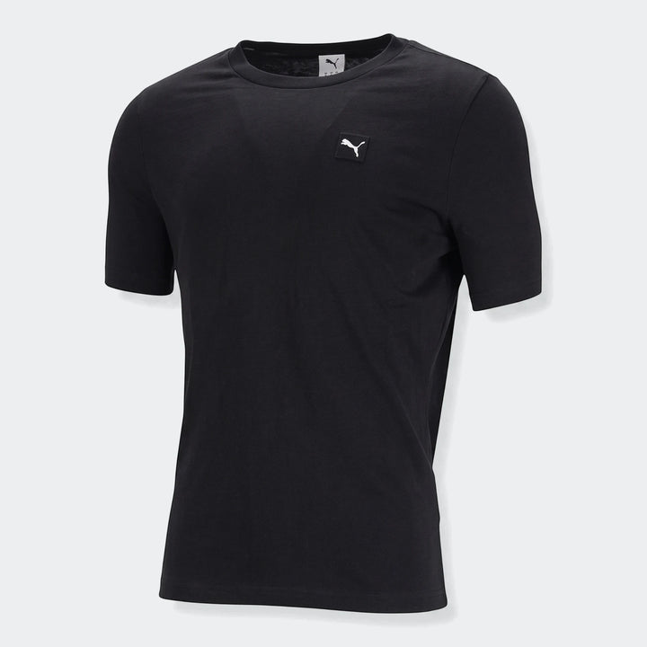 Black Puma Ess Elevated Tee for men, featuring a classic crew neck and short sleeves, with the white Puma logo on the chest,