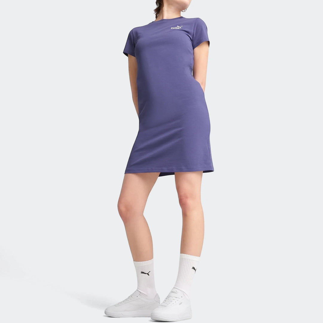 Women's purple Puma Ess+ Logo short-sleeve mini dress. Full body view of the casual dress on a model.