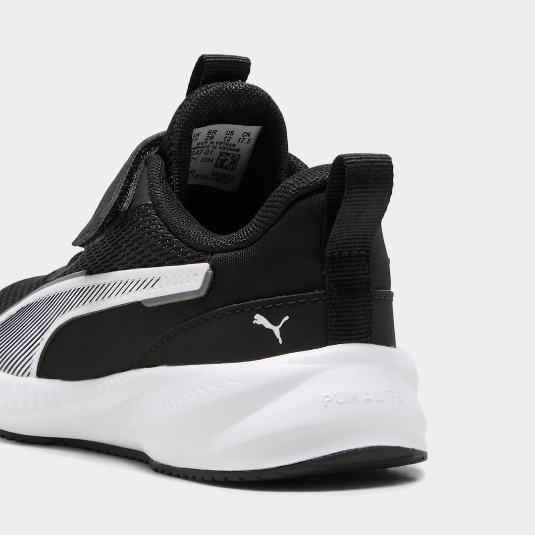 Side and back view of black and white Puma Flyer 3 Kids Running Shoes, featuring a mesh upper, white stripe, and thick white