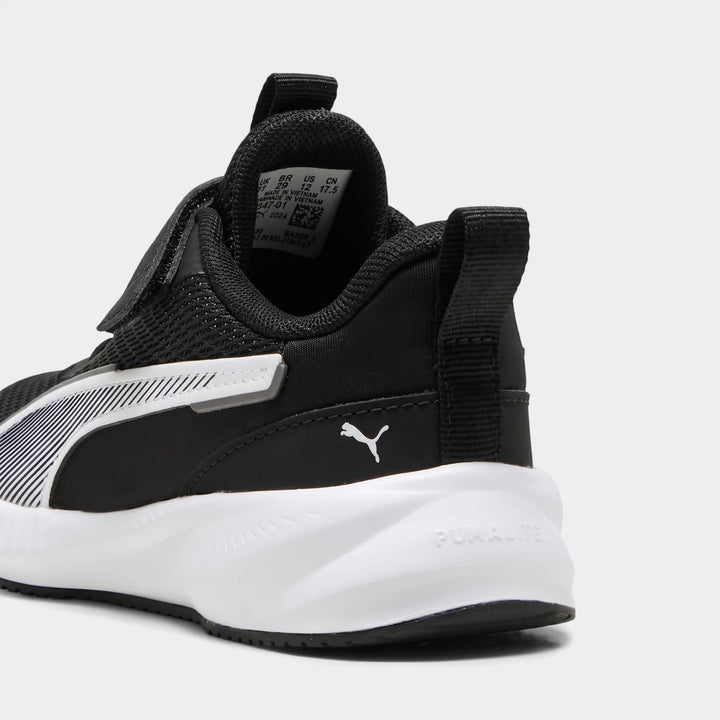 Side and back view of black and white Puma Flyer 3 Kids Running Shoes, featuring a mesh upper, white stripe, and thick white