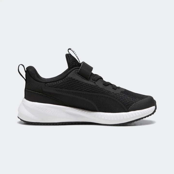 Puma Flyer 3 Running Shoes for kids in black with white sole, side view, featuring a mesh upper and a hook-and-loop closure.
