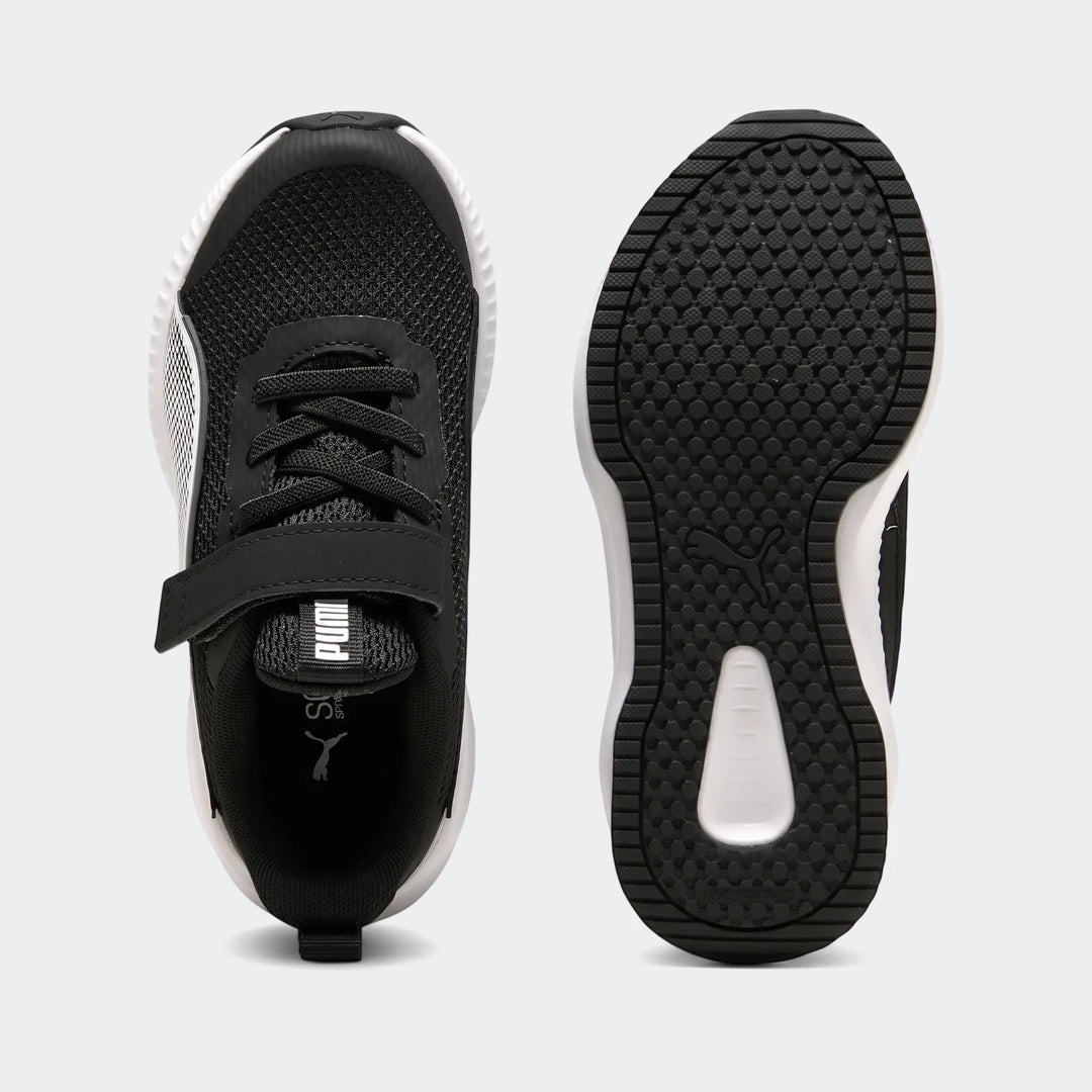 Black and white PUMA Flyer 3 Kids' Running Shoes, shown from top-down and sole view, featuring mesh upper and velcro strap.