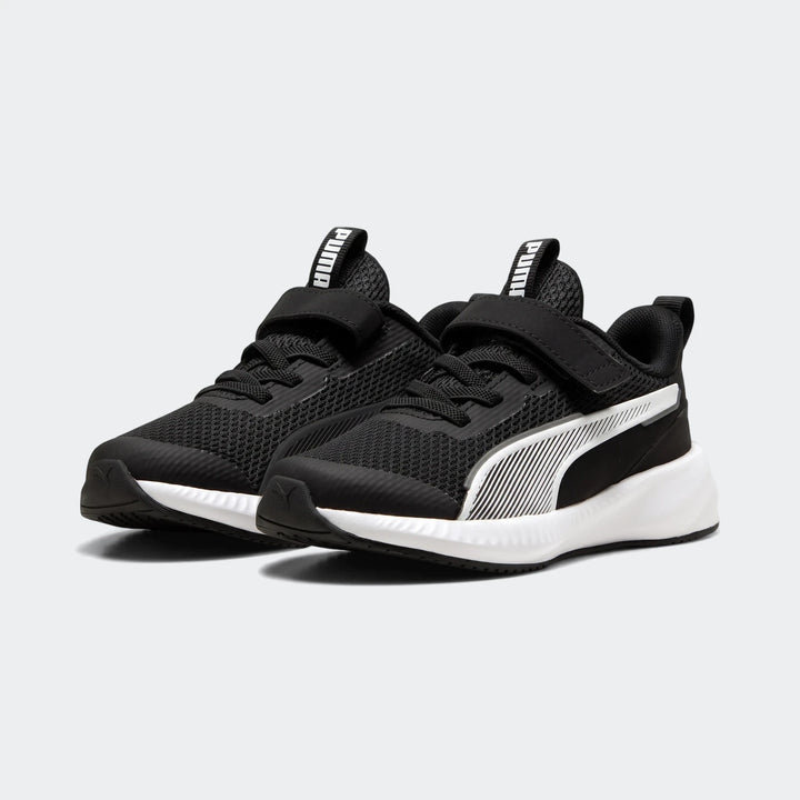 Pair of black and white Puma Flyer 3 Kids' Running Shoes, featuring a mesh upper, velcro strap, and white sole, shown in a