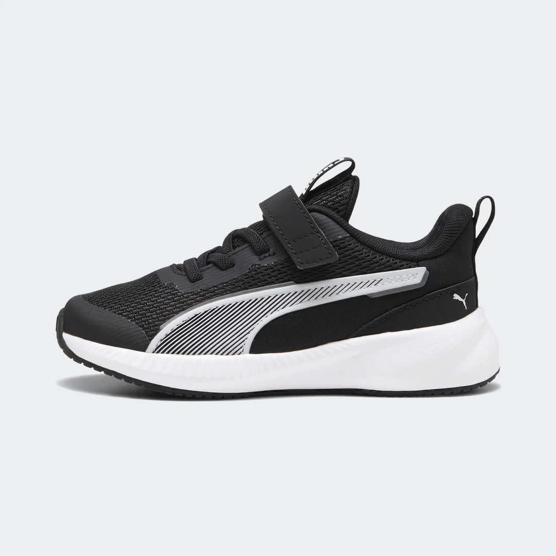 Black and white Puma Flyer 3 Kids' Running Shoes in a side profile view, featuring mesh upper and hook-and-loop closure.