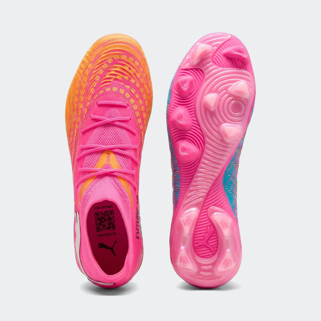 Puma Future 9 Match Fg/Ag Football Boots in vibrant pink, orange, and blue, displayed from top and bottom views.