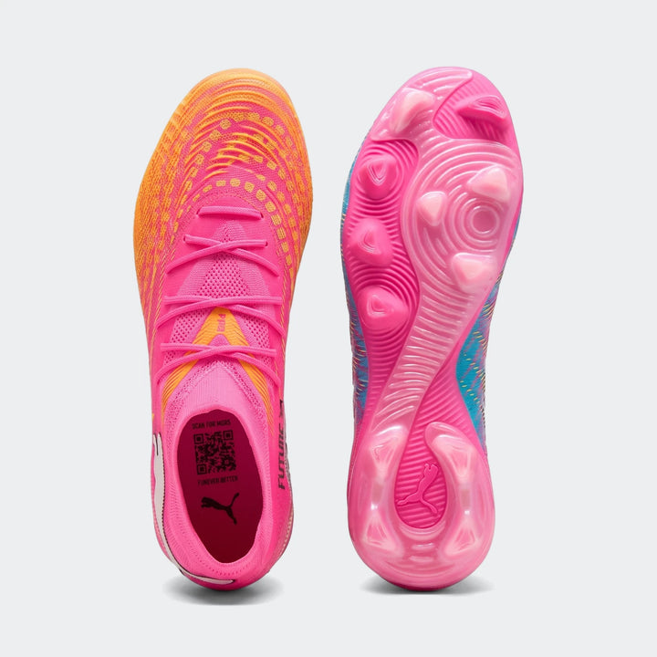 Puma Future 9 Match Fg/Ag Football Boots in vibrant pink, orange, and blue, displayed from top and bottom views.