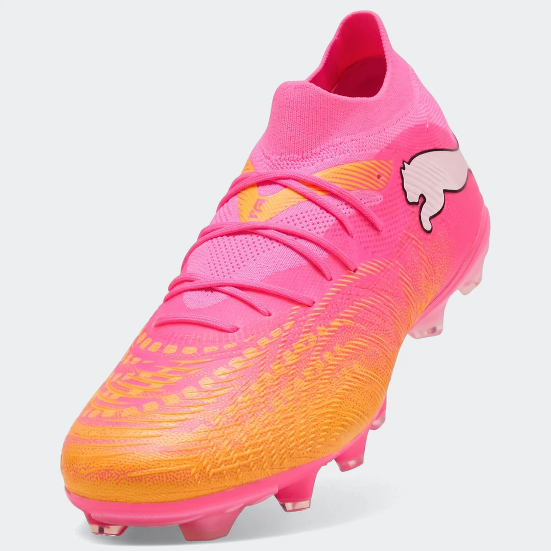 Puma Future 9 Match Fg/Ag Football Boots Unisex in vibrant pink and orange with textured upper and studded sole.