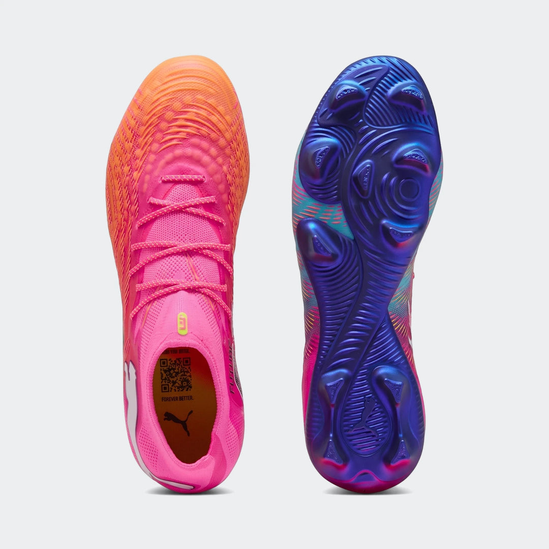 Pair of vibrant Puma Future 9 Ultimate FG football boots in pink, orange, blue, and purple, shown from top and sole views.