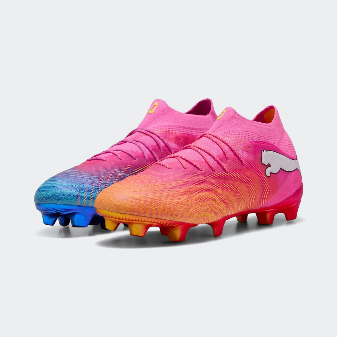 Unisex Puma Future 9 Ultimate FG football boots in a vibrant pink, blue, and orange gradient colorway.