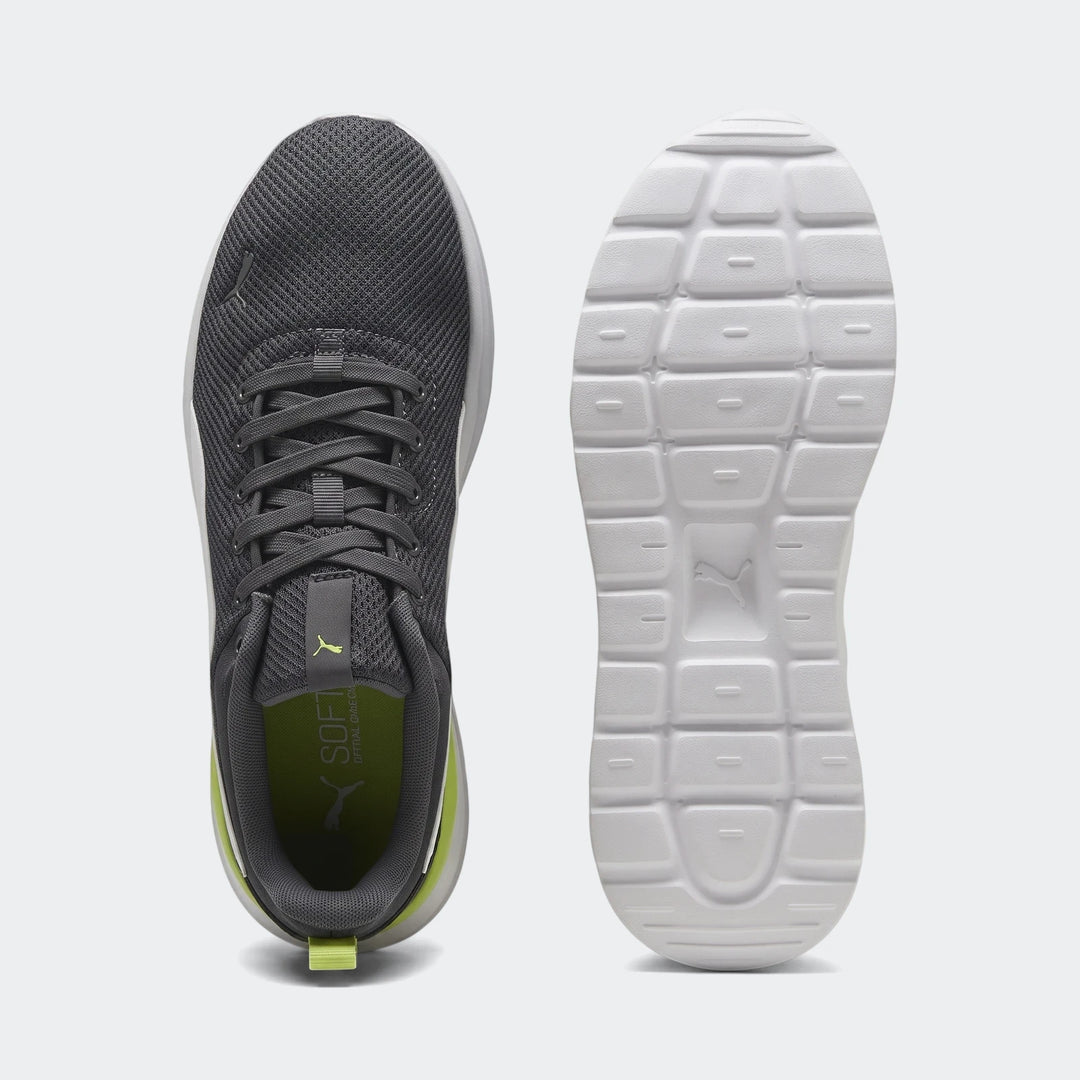 Puma Mens Anzarun Lite Sneakers in dark grey with mesh upper, lime green accents, and a white sole, displayed from top and