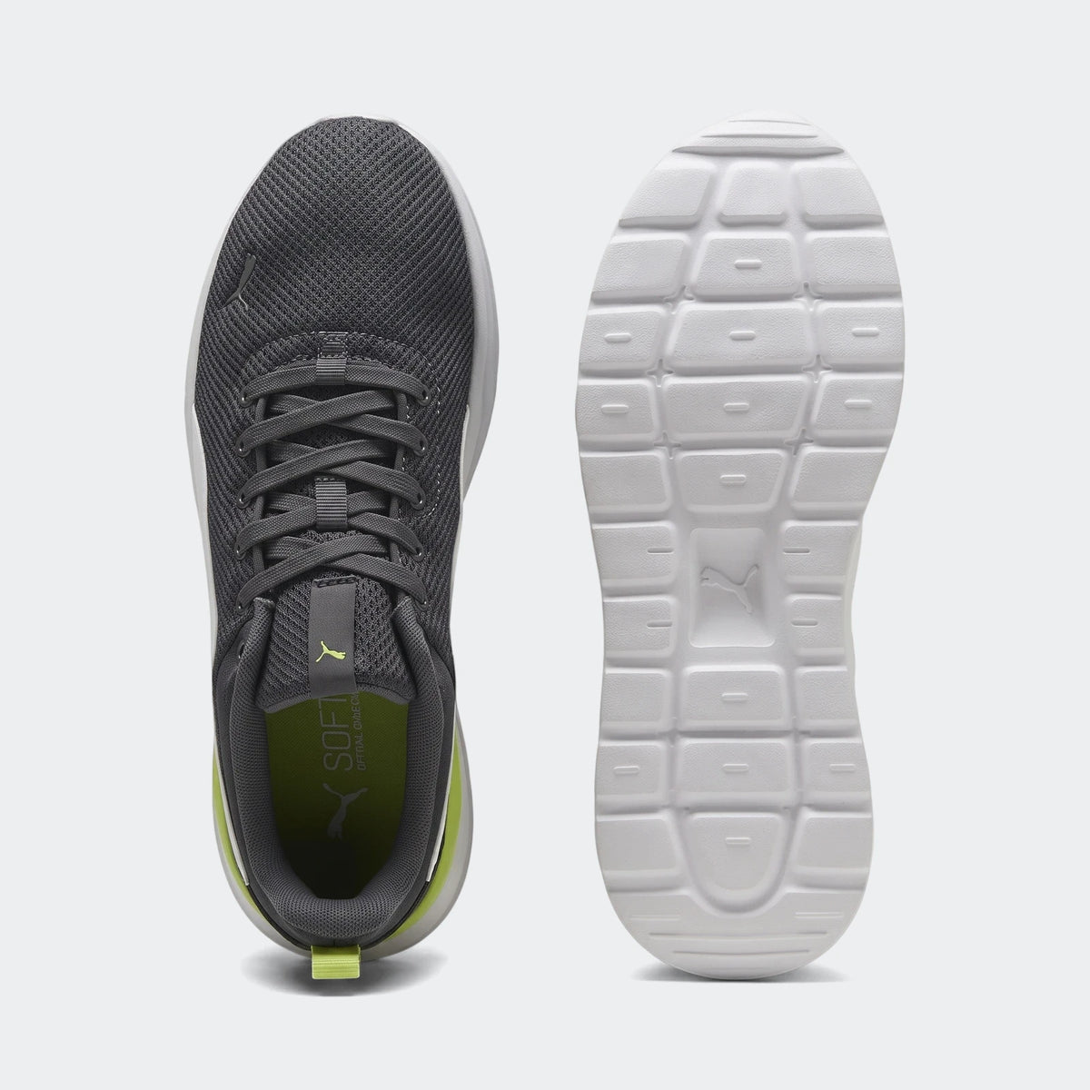 Puma Mens Anzarun Lite Sneakers in dark grey with mesh upper, lime green accents, and a white sole, displayed from top and