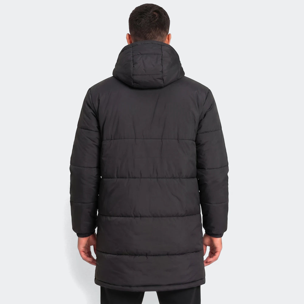 Puma Mens Bench Jacket in black, featuring a puffer design and hood, shown from the back against a light studio background.