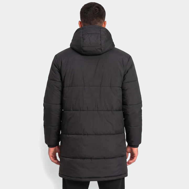 Puma Mens Bench Jacket in black, featuring a puffer design and hood, shown from the back against a light studio background.