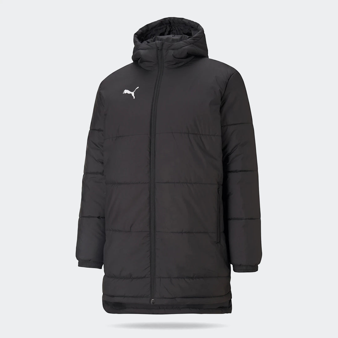 Black Puma Mens Bench Jacket, a long quilted puffer coat with a hood and white Puma logo, front view.